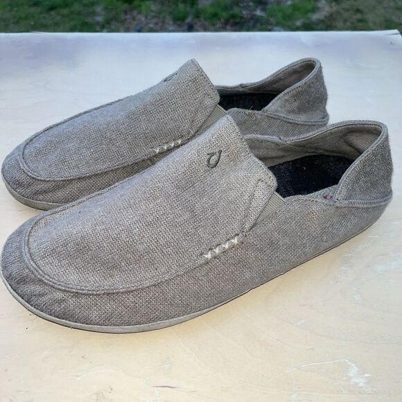 OluKai Moloa Hulu Mens 12 Tan Brown Wool Blend Slippers Loafers Shoes Comfort